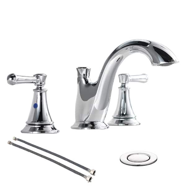 Phiestina 8 in. 2 Handles 3 Holes Copper Lead- Free Widespread Bathroom Faucets, Chrome Finish with Drain and Water Supply Hoses