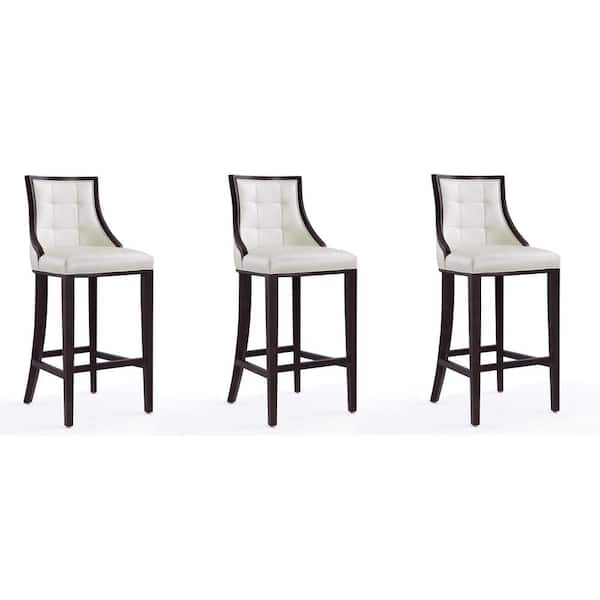 Fifth Avenue 31.5 in. Pearl White and Walnut Beech Wood Barstool with Faux Leather Upholstered Seat (Set of 3)