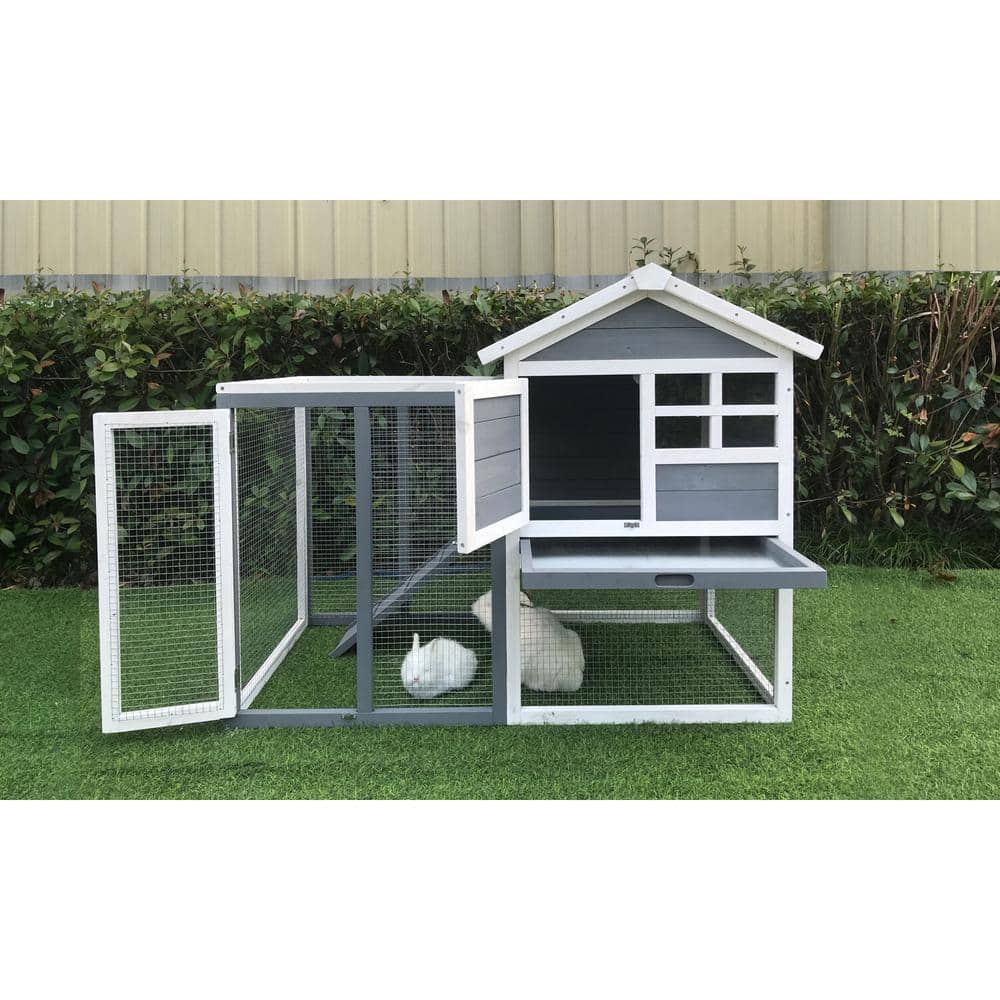 Gray and White Wooden Rabbit Hutch with Wire Mesh Run