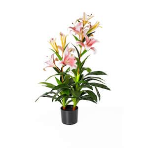 35 in. Pink Artificial Lily in Black Planter Pot