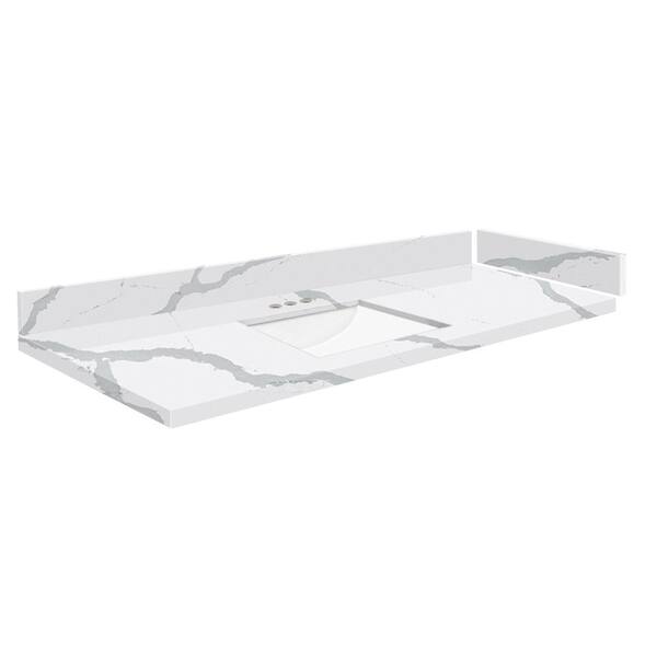 Transolid Silestone 54.5 in. W x 22.25 in. D Quartz White Rectangular Single Sink Vanity Top in Bianco Calacatta