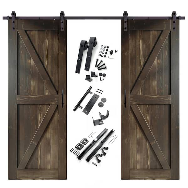 HOMACER 42 in. x 96 in. K-Frame Ebony Double Pine Wood Interior Sliding Barn Door with Hardware Kit, Non-Bypass