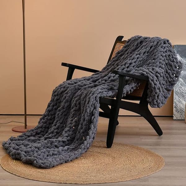 Chunky Knit Blanket - Black Orange and Ivory - Soft Chenille Throw Blanket
