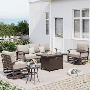 5-Piece Aluminum Patio Conversation Set with armrest, Firepit Table, Swivel Rocking Chairs and Sand Cushions