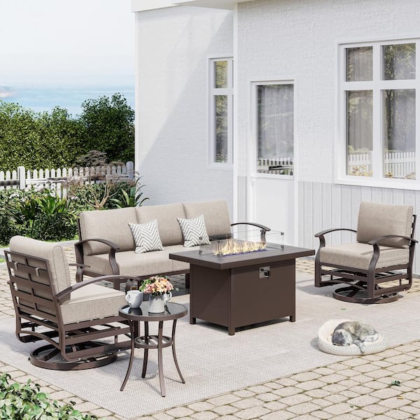 Halmuz 5-Piece Aluminum Patio Conversation Set with armrest, Firepit Table, Swivel Rocking Chairs and Sand Cushions