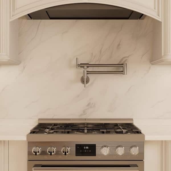 26.4 in. Wall‑Mounted Pot Filler Kitchen Faucet with Dual Handles, 360° Swivel Foldable Spout in Brushed Nickel