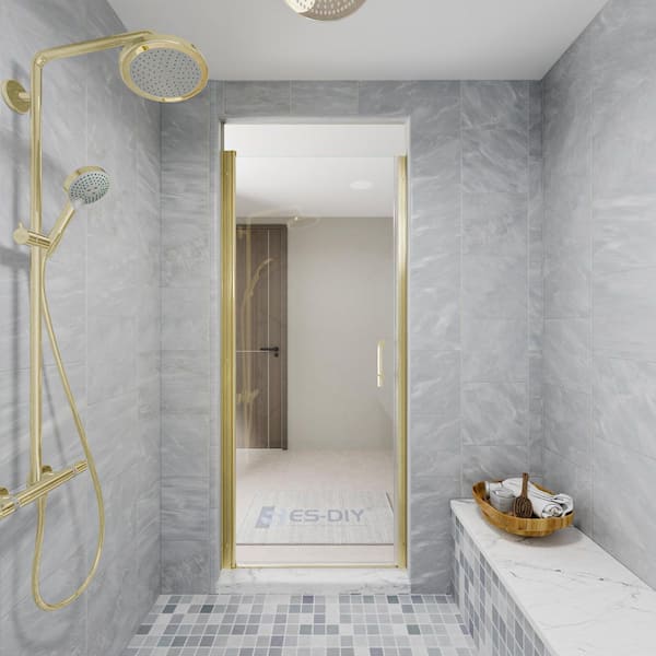 32-34 in. W x 72 in. H Pivot Frameless Shower Door in Brushed Gold with Clear Glass