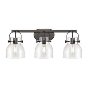 Pilaster II Bell 26.5 in. 3-Light Matte Black Vanity Light with Glass Shade