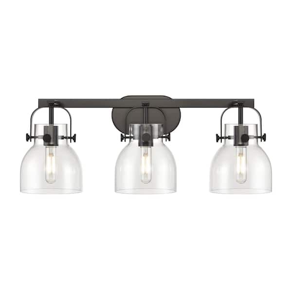 Innovations Pilaster II Bell 26.5 in. 3-Light Matte Black Vanity Light with Glass Shade