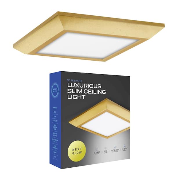 NEXT GLOW Ultra-Slim Luxurious Edge-Lit 5 in. Square Brass 4000K LED Easy Installation Ceiling Light Flush Mount (1-Pack)