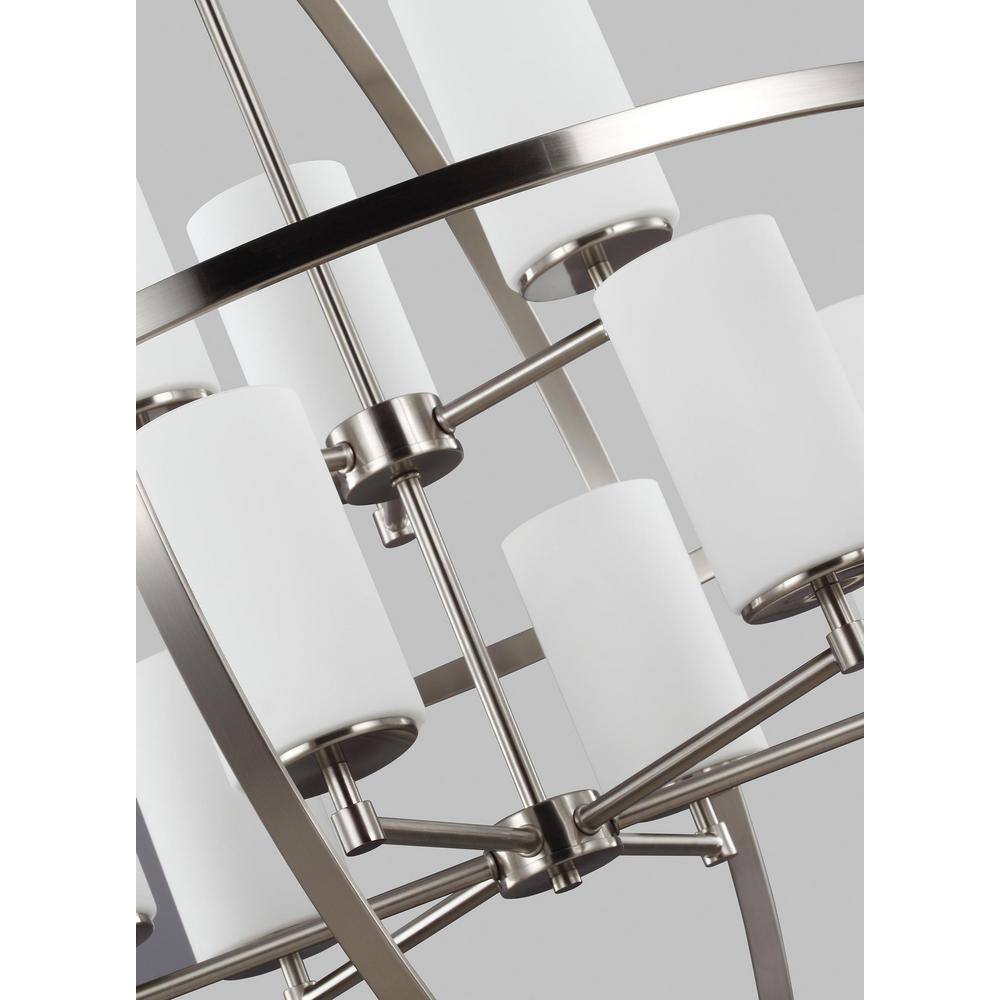 Brushed Nickel Nine-Light Chandelier with Etched Glass Shades
