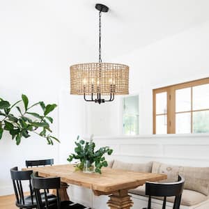 18.89 in. 5-Light Black Bohemian Pendant Design Drum Chandelier with Natural Rattan Shade and No Bulbs Included