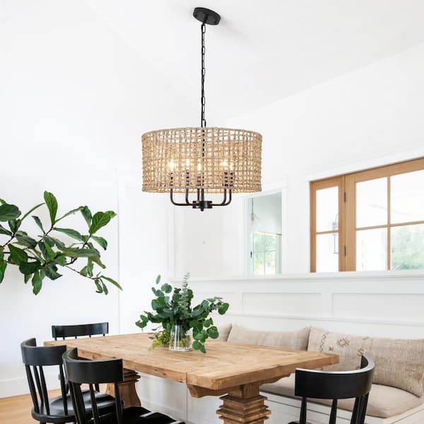 18.89 in. 5-Light Black Bohemian Pendant Design Drum Chandelier with Natural Rattan Shade and No Bulbs Included