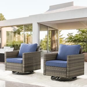 U-Weave Metal and Gray Wicker Outdoor Rocking Chair Patio Swivel Chairs with Olefin Navy Blue Cushions (2-Pack)