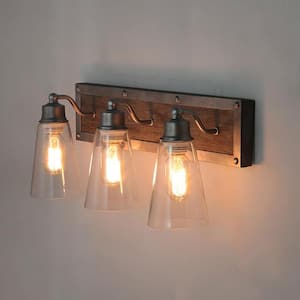 Rustic Silver Steel Bathroom Vanity Light with Gray Solid Wood Base Clear Glass Shade, 3-light Industrial Wall Sconce