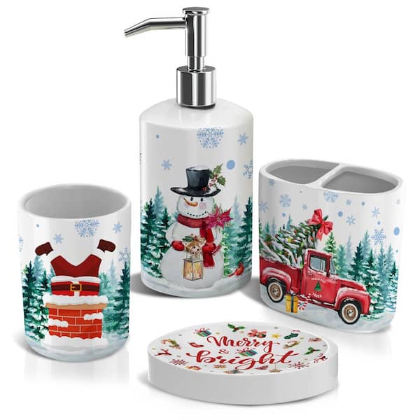 4-Piece Christmas Bath Accessory Set Snowman Soap Dispenser, Gnome Truck Toothbrush Holder, Merry and Bright Soap Dish