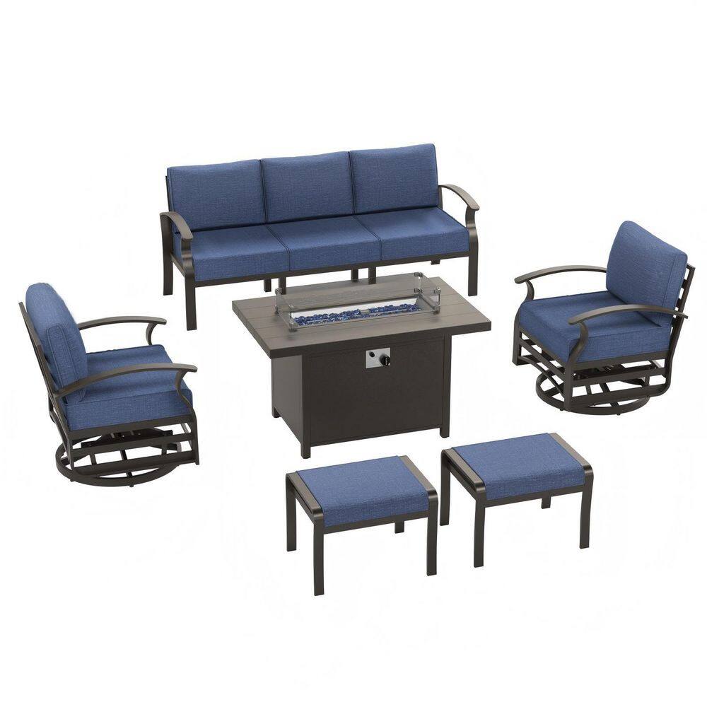 6-Piece Aluminum Patio Conversation Set with 55,000 BTU Fire Pit Table, Ottomans and Swivel Rocking Chairs, Navy Cushion price history on PriceWatchPro