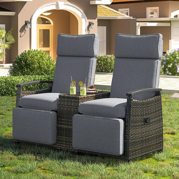 Wicker Outdoor Chaise Lounge Chair with Gray Cushion, Storage Table and Adjustable Backrest