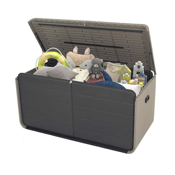 160 Gal. Gray Resin Lockable Outdoor Storage Bench with Hydraulic Lid and Handles