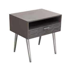 24.13 in. Gray and Silver Rectangle Wood End Table with 1 Gliding Drawer and Single Shelf