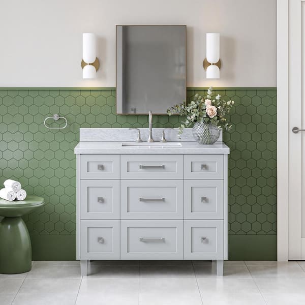 ARIEL Monroe 42 in. Single Sink Freestanding Bathroom Vanity in Gray with Carrara White Marble Top