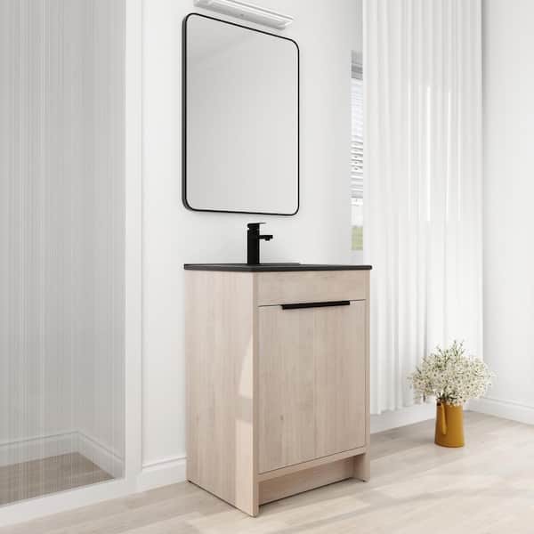24 in. W x 18 in. D x 34 in. H Freestanding Oak Bath Vanity with Black Ceramic Sink & 2 Soft-Close Cabinet Doors