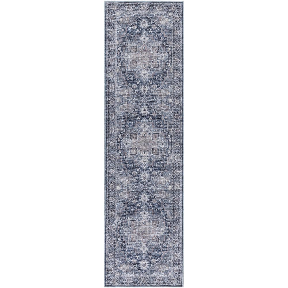 Machine Washable Series 1 Ivory Navy 2 ft. x 8 ft. Distressed Traditional R