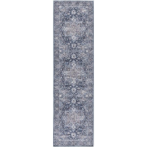 Unbranded Machine Washable Series 1 Ivory Navy 2 ft. x 8 ft. Distressed Traditional Runner Area Rug