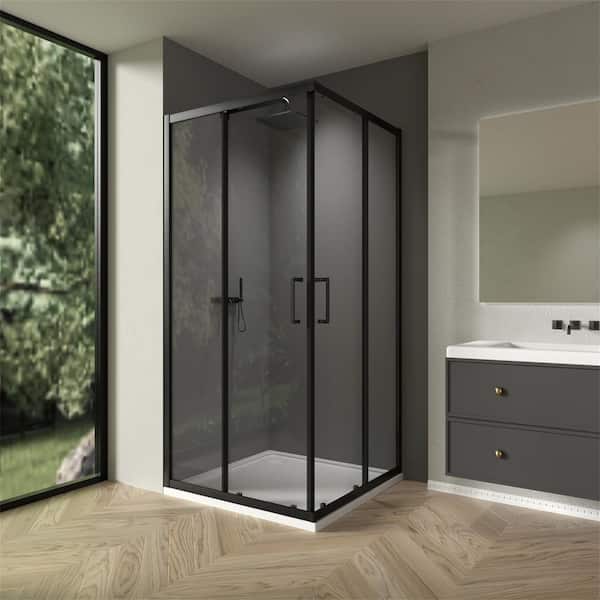 36 in. W x 72 in. H Square Double Sliding Framed Corner Shower Enclosure in Matte Black Finish with Clear Glass
