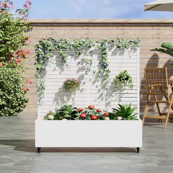 49 in. x16 in. x47 in. White Metal Iron Planter Box with Attached Trellis for Climbing Vegetation