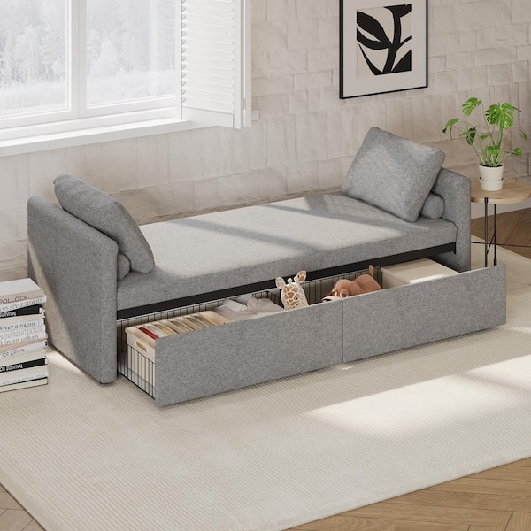 Harper & Bright Designs Gray Linen Upholstered Chaise Lounge with 2 Pillows and 2 Drawers
