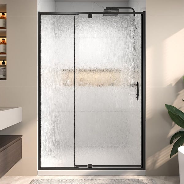 Victoria 44 in. - 48 in. W x 71 in. H Pivot Framed Shower Door in Matte Black Finish with Rain Glass