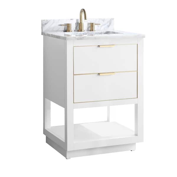 Allie 25 in. Single Sink White with Gold Trim Bath Vanity with Carrara White Marble Top