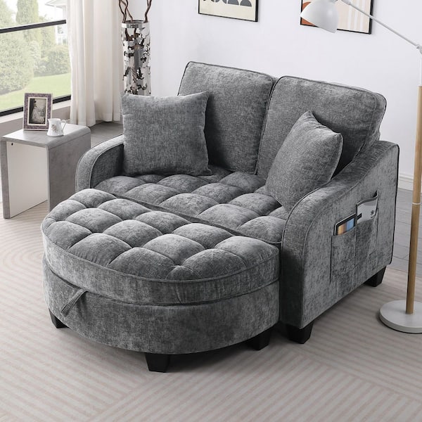 Selena Grey Chenille Chaise Lounge Double Sofa with Backrests, Ottoman, Storage Space, Pillows, Side Pockets