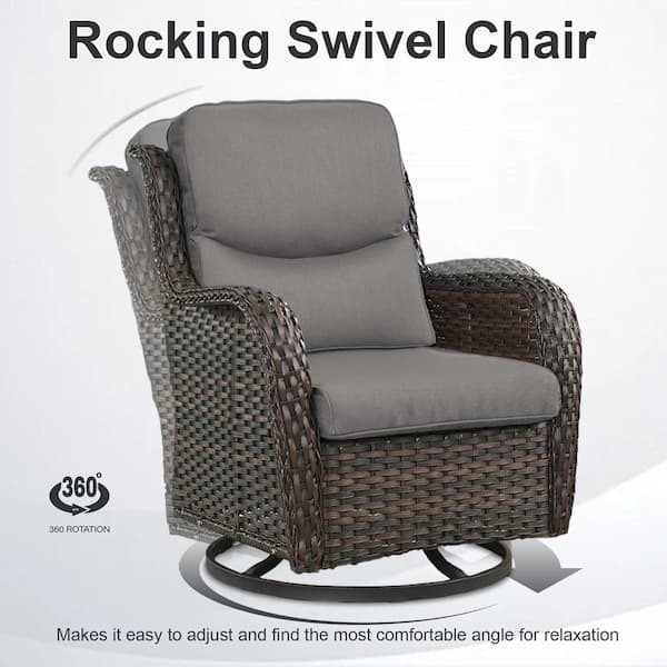 Crescent Brown Wicker PE Rattan Outdoor Swivel Rocker Patio Chairs with Olefin Gray Cushions (4-Pack)