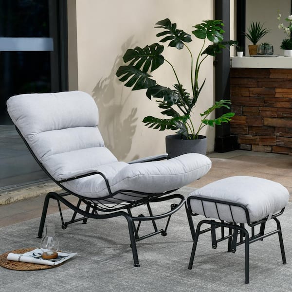 HOOOWOOO Mono Metal Patio Lounge Outdoor Rocking Chair with an Ottoman and Light Grey Cushions