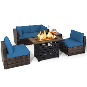 6-Piece Plastic Wicker Patio Conversation Set with Navy Cushion 42 in. Fire Pit Table