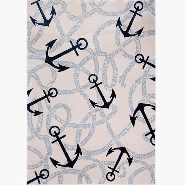 PRIVATE BRAND UNBRANDED Bazaar Coastal Beige/Blue 8 ft. x 10 ft. Anchors Area Rug