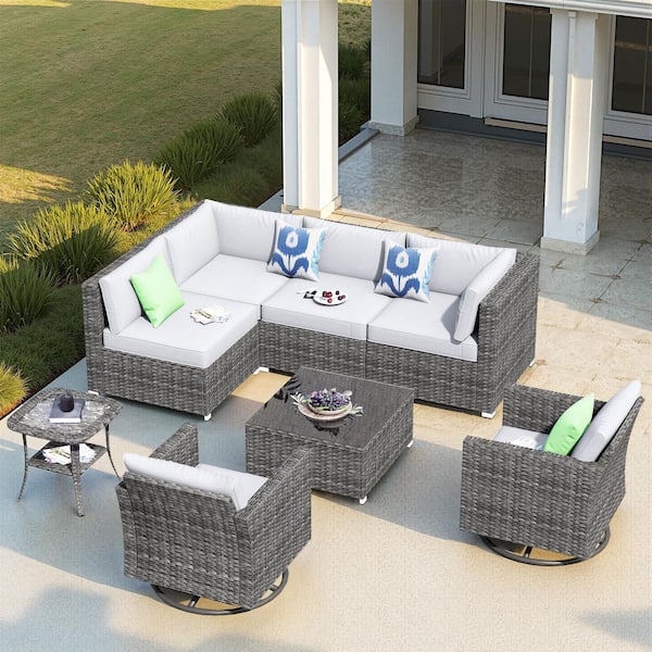 HOOOWOOO Messi Grey 8-Piece Wicker Outdoor Patio Conversation Sofa Seating Set with Swivel Rocking Chairs and Grey Cushions