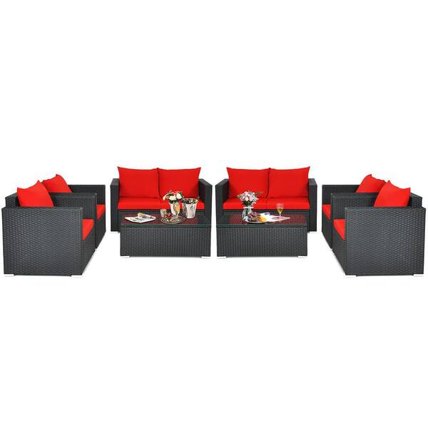 Costway Black 8Piece Wicker Patio Conversation Set with Red Cushions 2