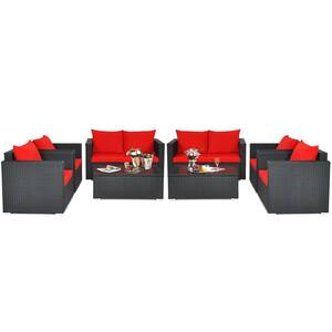 Black 8-Piece Wicker Patio Conversation Set with Red Cushions