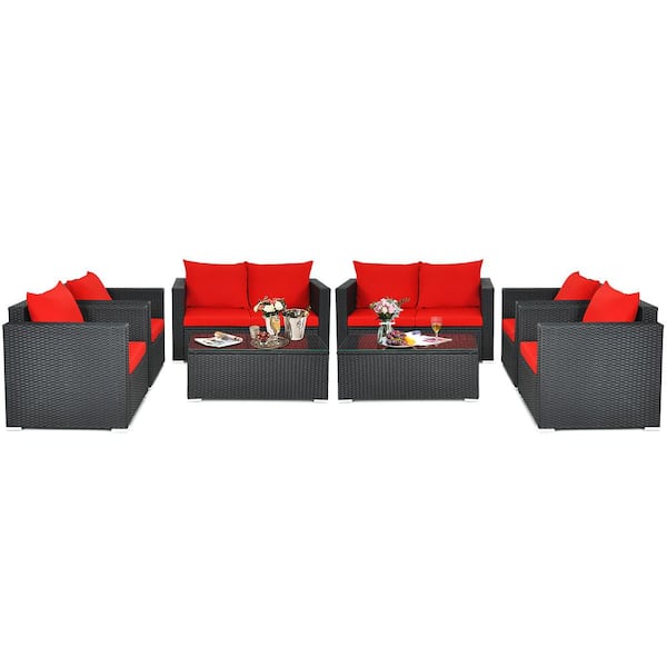 Costway Black 8-Piece Wicker Patio Conversation Set with Red Cushions