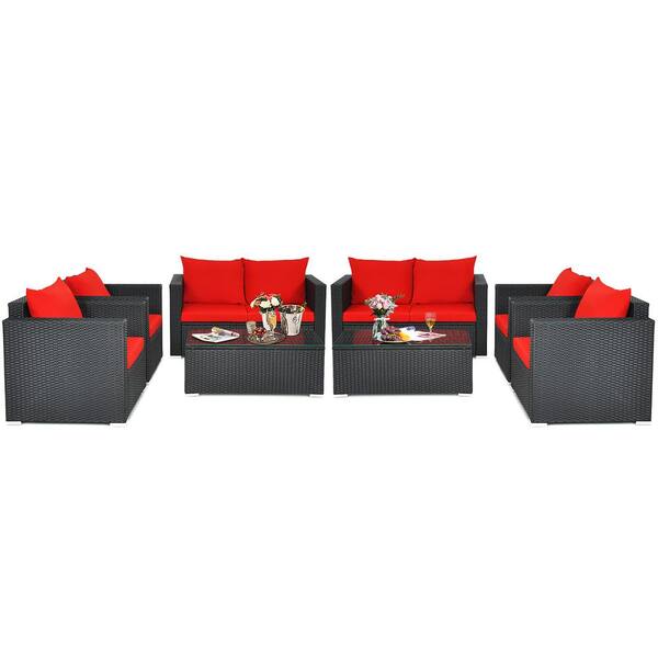 Costway Black 8-Piece Wicker Patio Conversation Set with Red Cushions