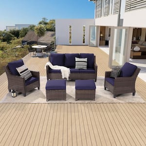 5-Piece Brown Wicker Patio Sofa Set Outdoor Conversation Set with 3-Seat Sofa Ottomans, Navy Blue Cushions