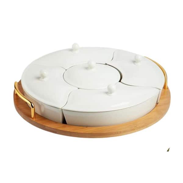 3.90 in. White Ceramic Round Chip and Dip Servers Set of 1, Serving Platters and Divided Serving Tray