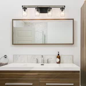 26.5 in. 4-Light Dark Grey Vanity Light with Farmhouse Clear Mason Jar Glass Shades and Faux Wood Accent