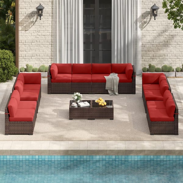 14-Piece Wicker Outdoor Sectional Conversation Set With Red Cushion