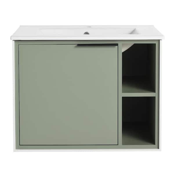 ARTCHIRLY 24 in. W x 18.3 in. D x 18.5 in. H Wall-Mounted Single Bathroom Vanity in Green with White Ceramic Top