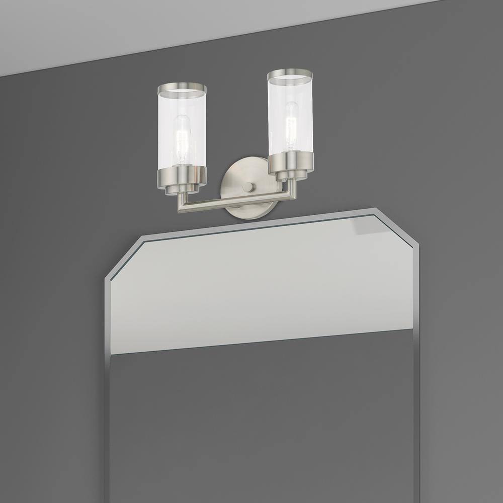 Hillcrest Elegant Brushed Nickel 2-Light Vanity with Clear Glass Shades