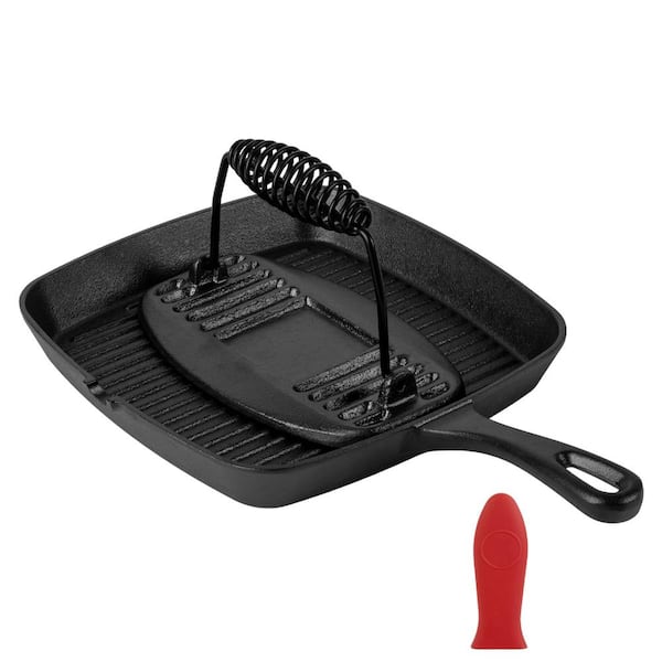 9.25 in. Cast Iron Grill Pan Pre-Seasoned with Grill Press Black 3-Piece